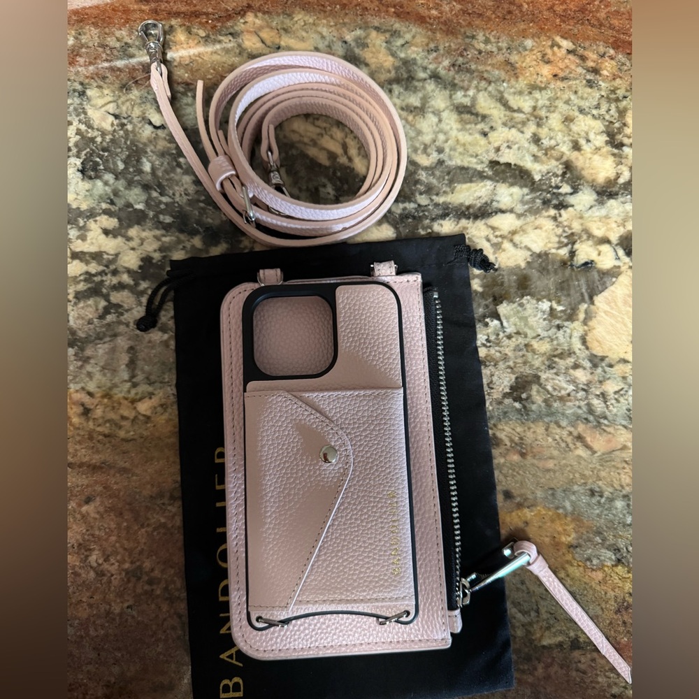 Bandolier donna iPhone 13pro case pink leather crossbody /belt/strap set w/pouch